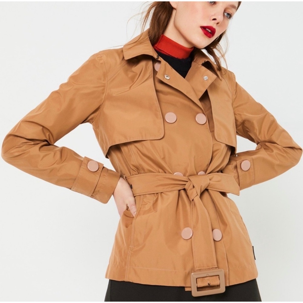 Hunter double breasted short trench jacket in camel brown
